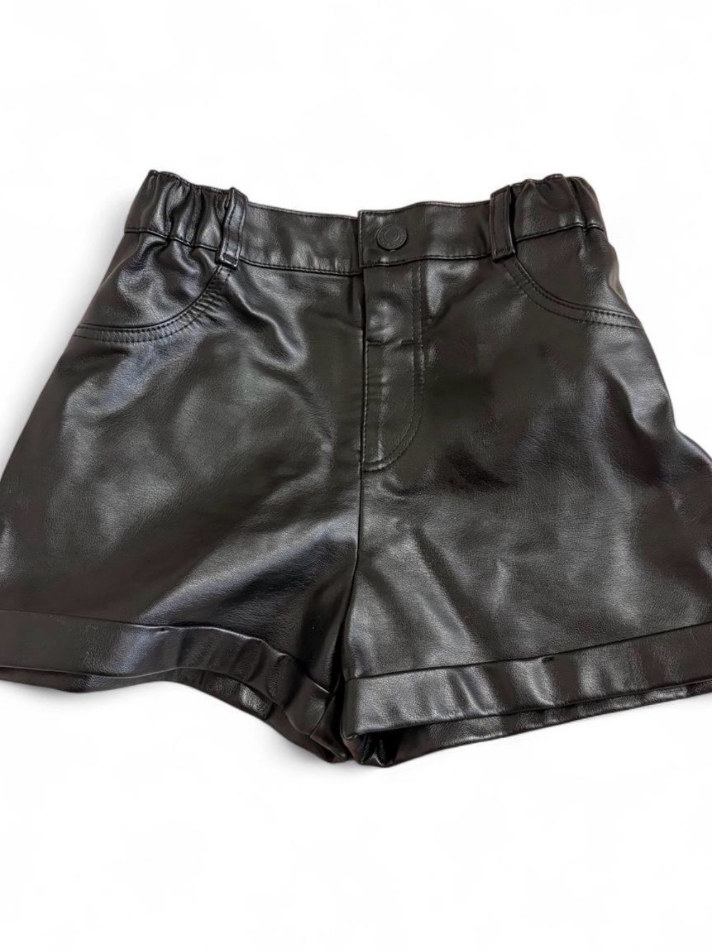 Kids Black Faux Leather Shorts with Elastic Waist for girls 6-7 y.o